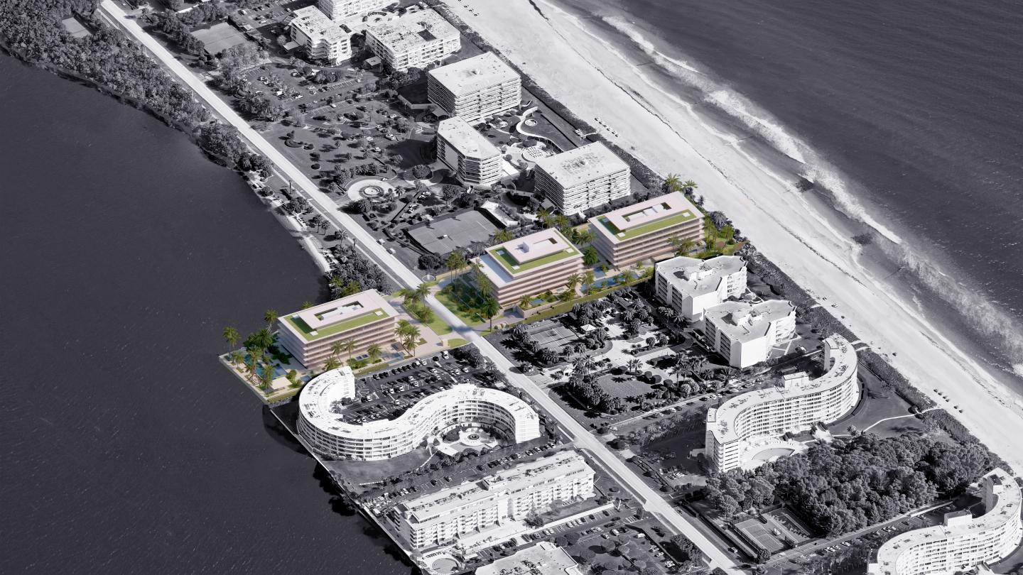  Aerial rendering of a coastal development with three modern rectangular buildings.